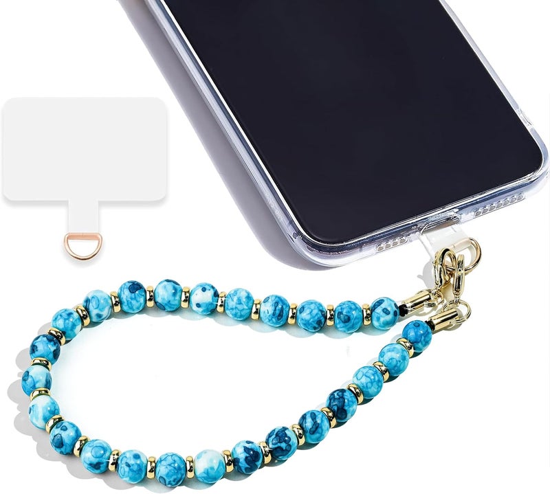 Lostars Store Marble Beaded Phone Wrist Strap,Detachable Phone Bracelet Strap with Tether Tab,Hands-Free Wristlet Strap (Blue Ink) - Image 1